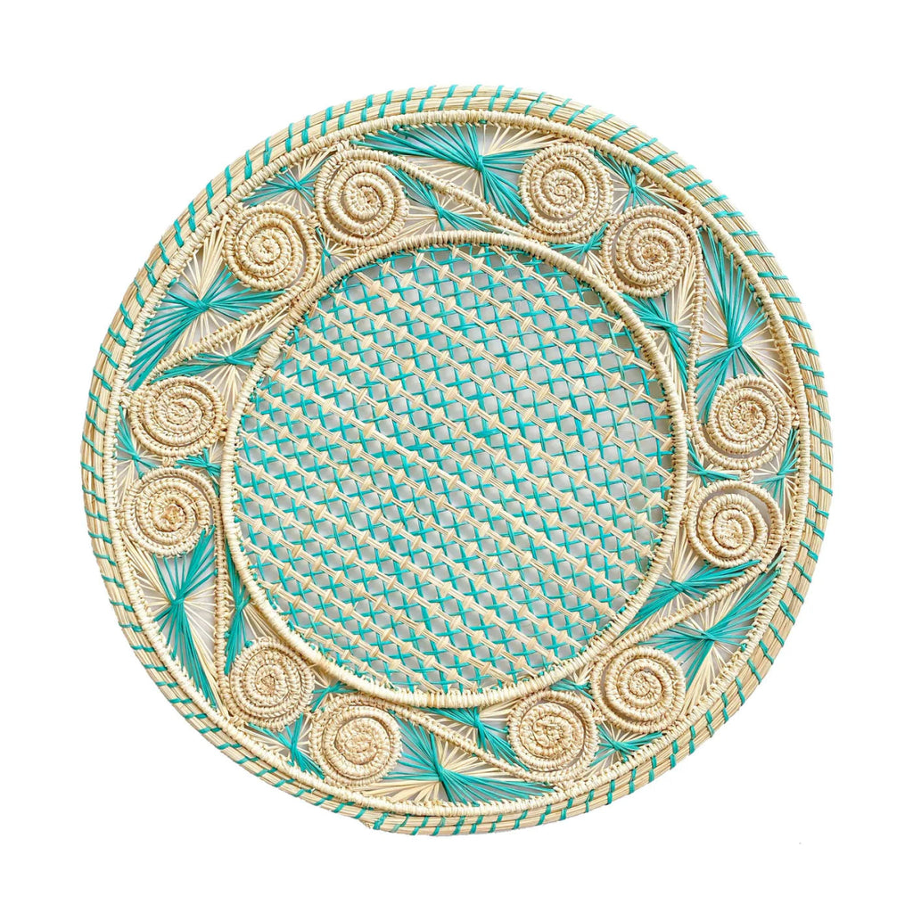 Iraca Hand-Woven Round Placemat | Natural & Teal-Placemats-Clementine WP-The Grove