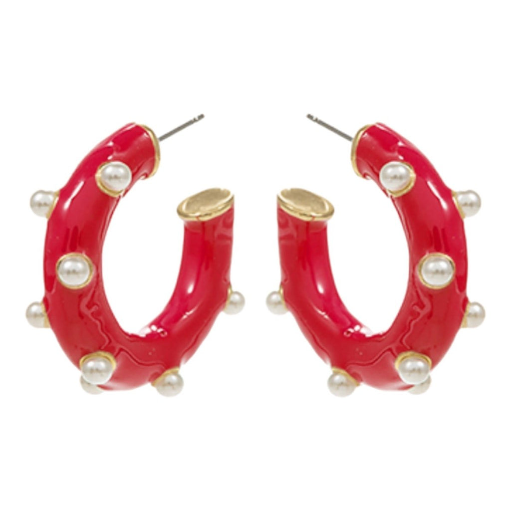 Pearl Studded Enamel Hoop Earrings | Red-Earrings-Twist-The Grove
