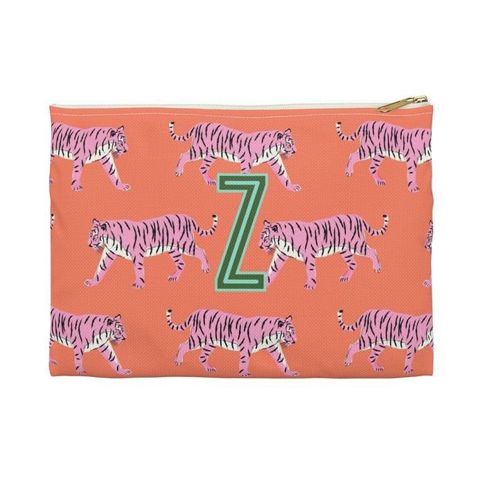Tiger Pink & Orange Small Flat Single Initial Zip Pouch-Pouch-CB Studio-The Grove