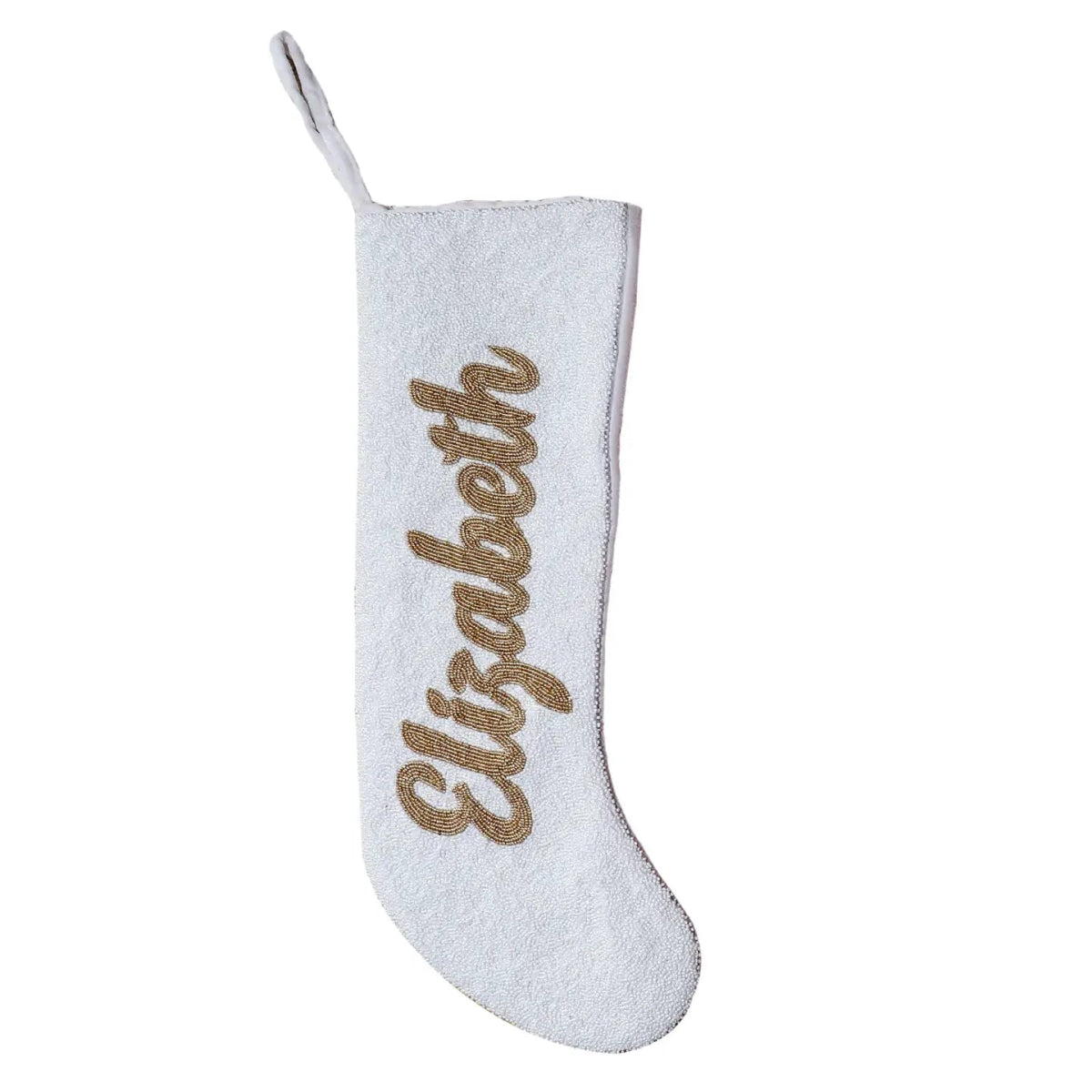 Beaded Customized Stocking | White & Gold - Holiday Stockings - Tiana - The Grove