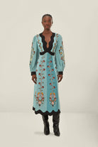 Blue Flowing Beauty Embroidered Long Sleeve Midi Dress - Dresses - FARM Rio - The Grove