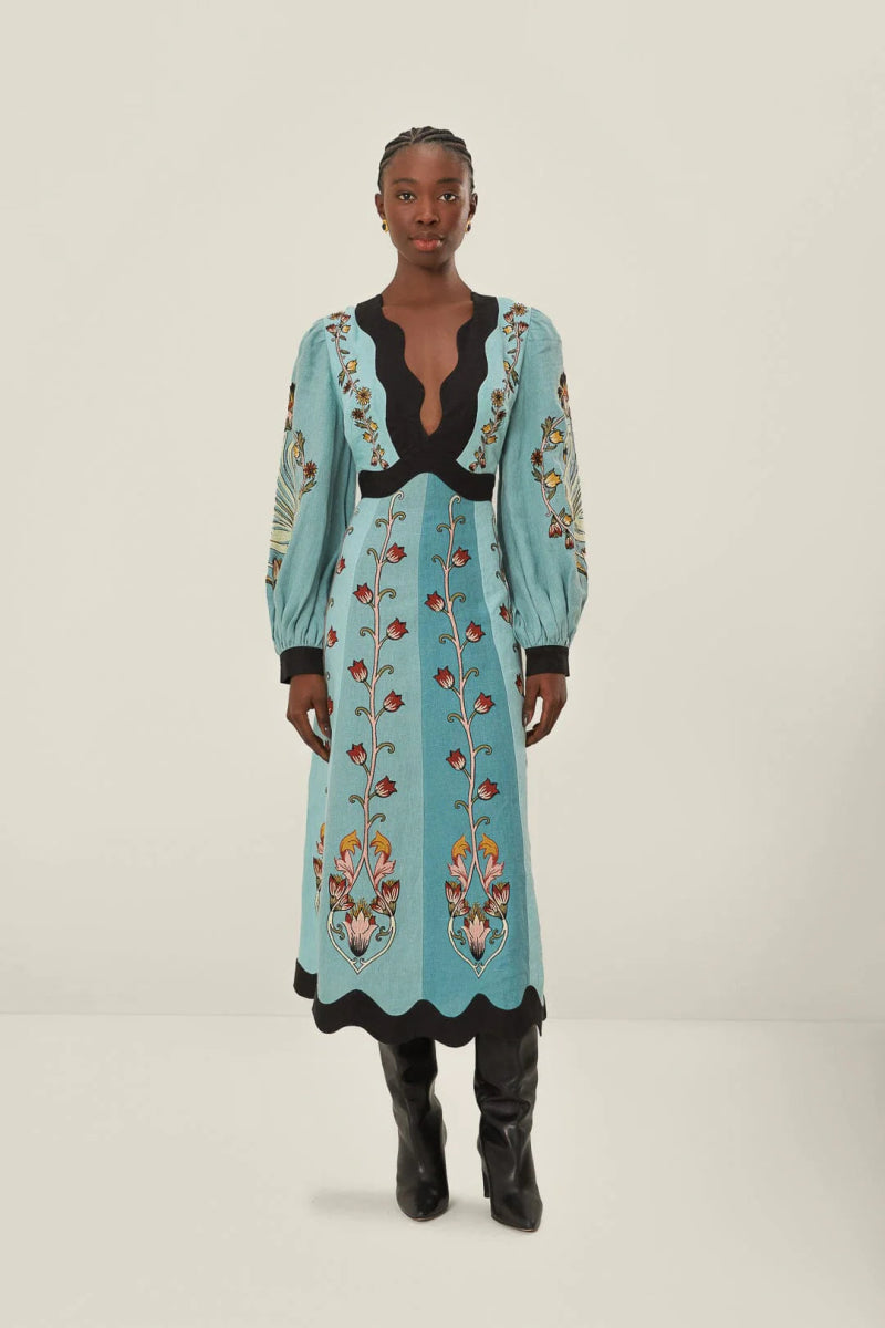 Blue Flowing Beauty Embroidered Long Sleeve Midi Dress - Dresses - FARM Rio - The Grove