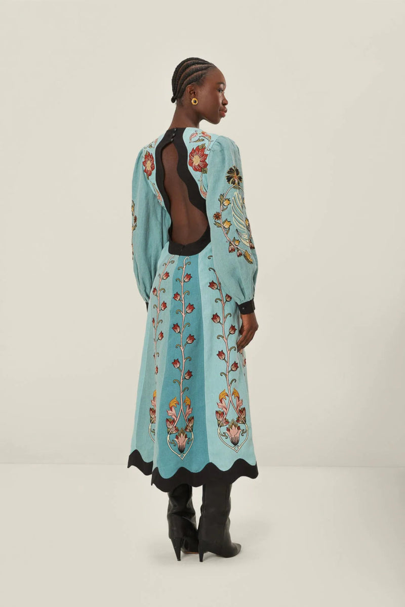 Blue Flowing Beauty Embroidered Long Sleeve Midi Dress - Dresses - FARM Rio - The Grove