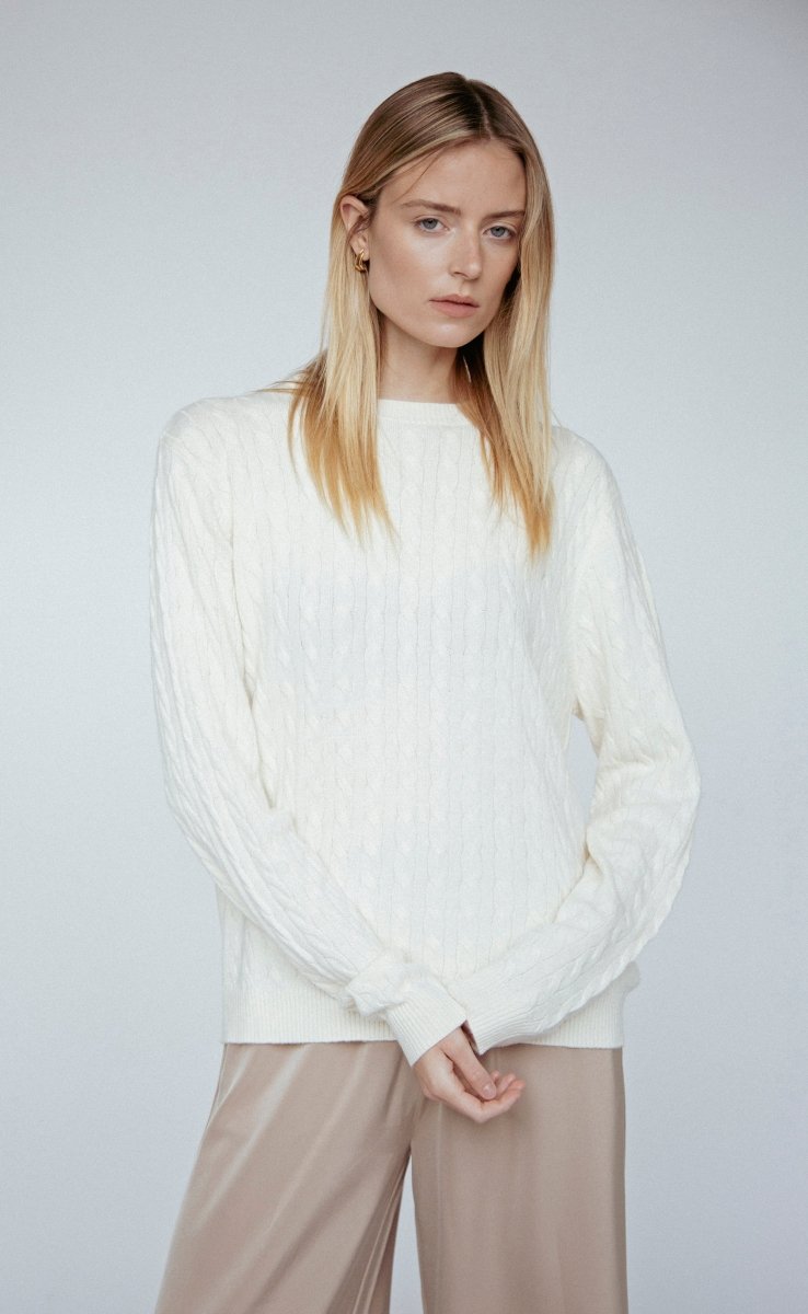 Cashmere Braided Crew Neck Sweater | Ivory - Sweaters - Amanda Maria - The Grove