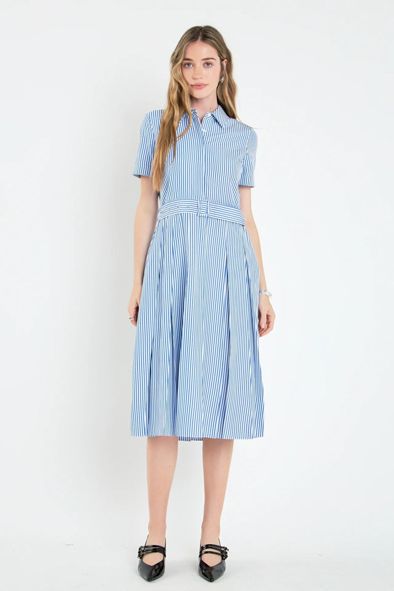 Blue white striped midi dress clearance