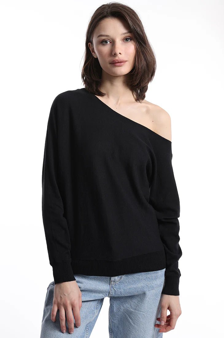 Cotton Cashmere Off The Shoulder Top | Black - Sweaters - Minnie Rose - The Grove