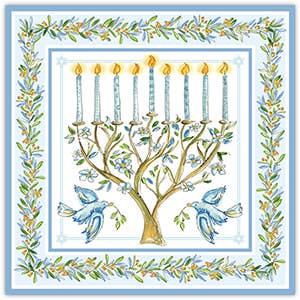 Floral Menorah with Blue Birds Square Placemat - Paper Placemats - RosanneBeck Collections - The Grove