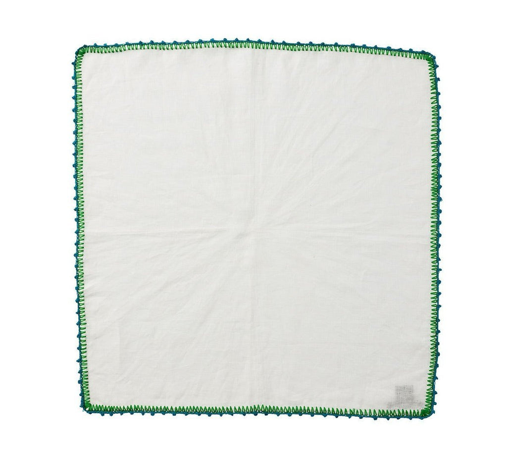 Knotted Edge Napkin in White, Turquoise & Green-Cloth Napkins-Clementine WP-The Grove