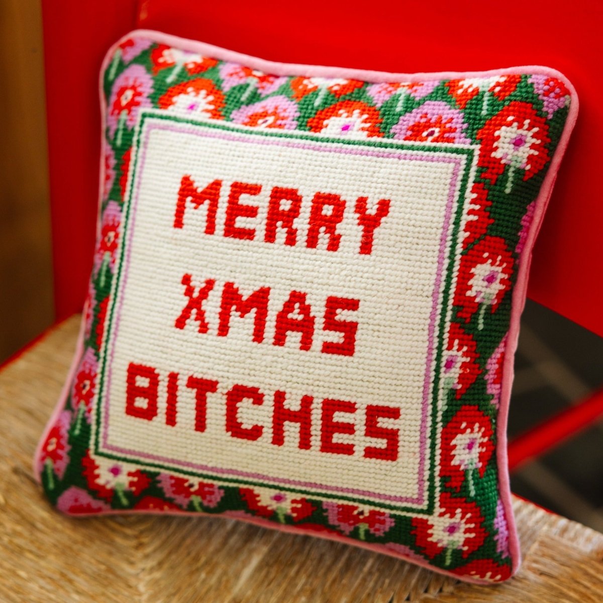 Merry Xmas Bitches Needlepoint Pillow - Throw Pillows - Furbish Studio - The Grove