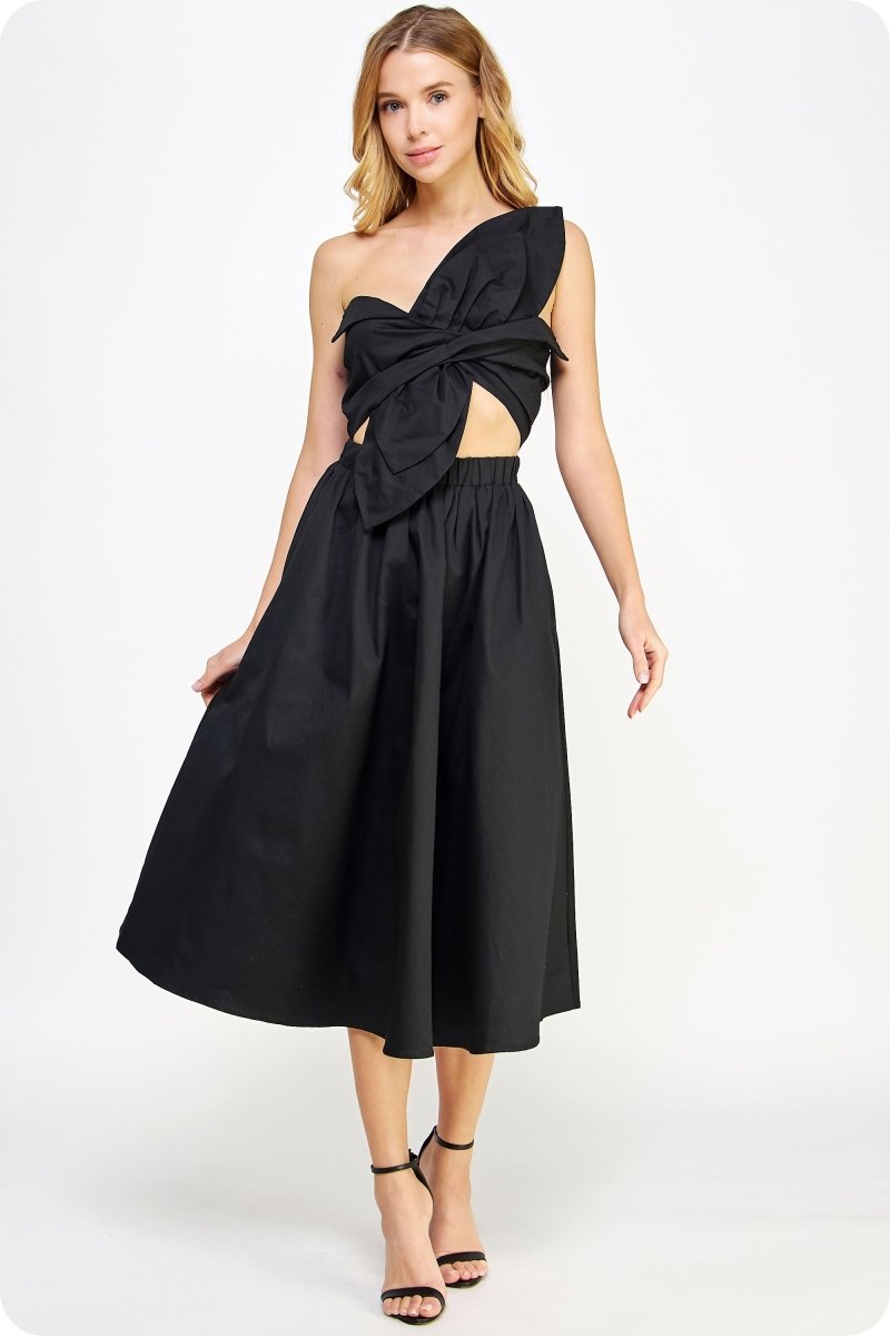 Noelle Knotted Flower Bow Midi Dress | Black - Dresses - Twist - The Grove