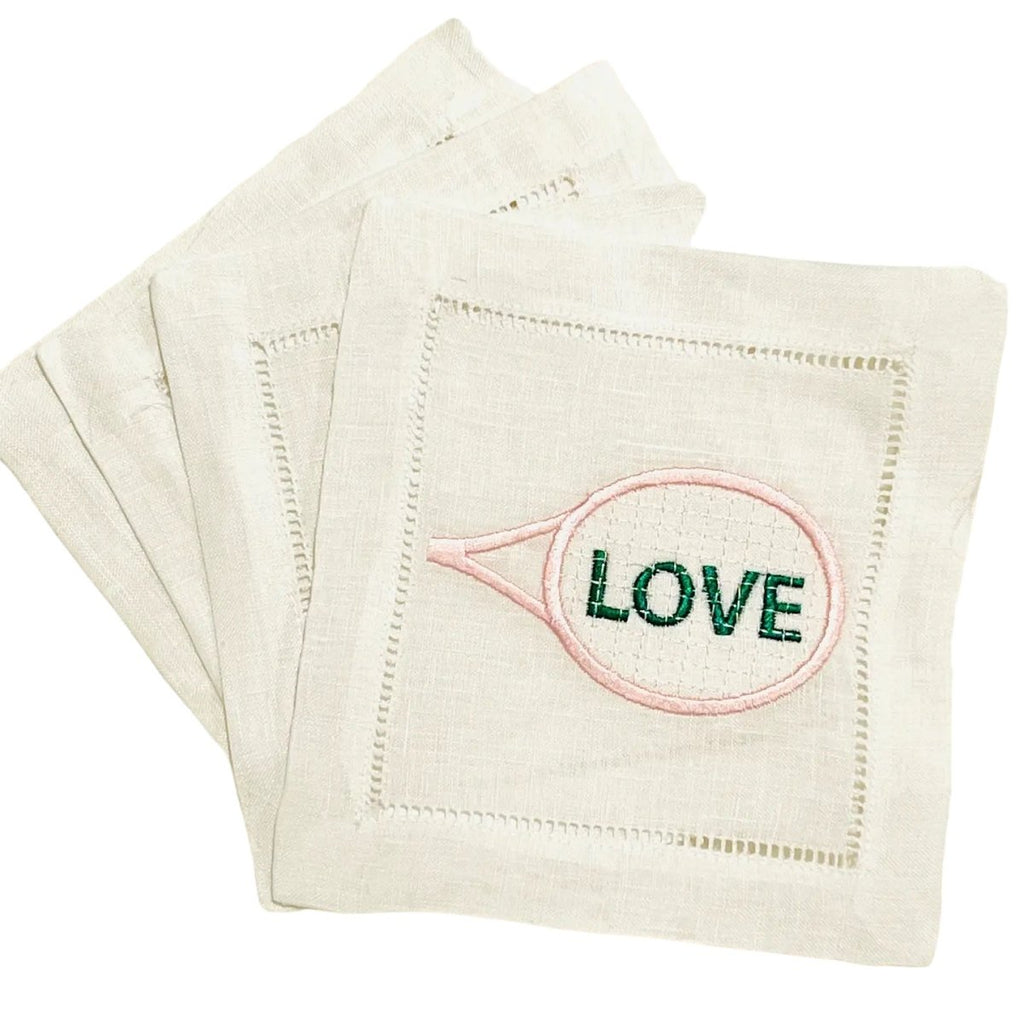 Pink Love Tennis Racket Embroidered Cocktail Napkins-Cocktail Napkins-The Pink Bar Cart-The Grove