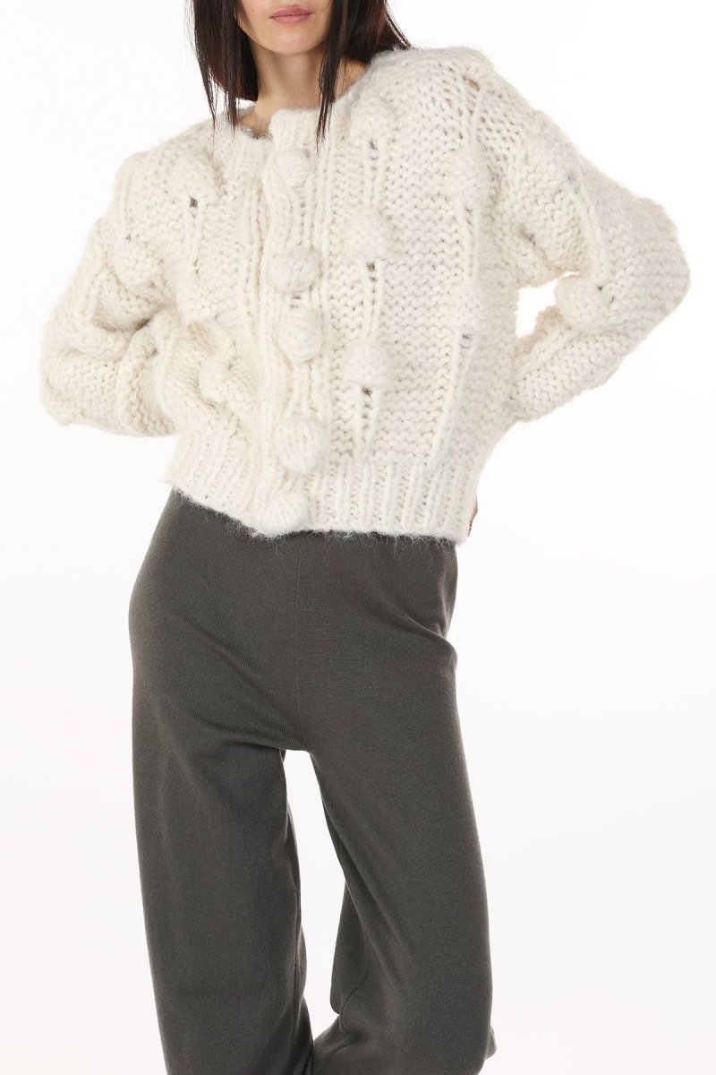 Pom Pom Cable Knit Cardigan | White - Cardigan - Beulah - The Grove