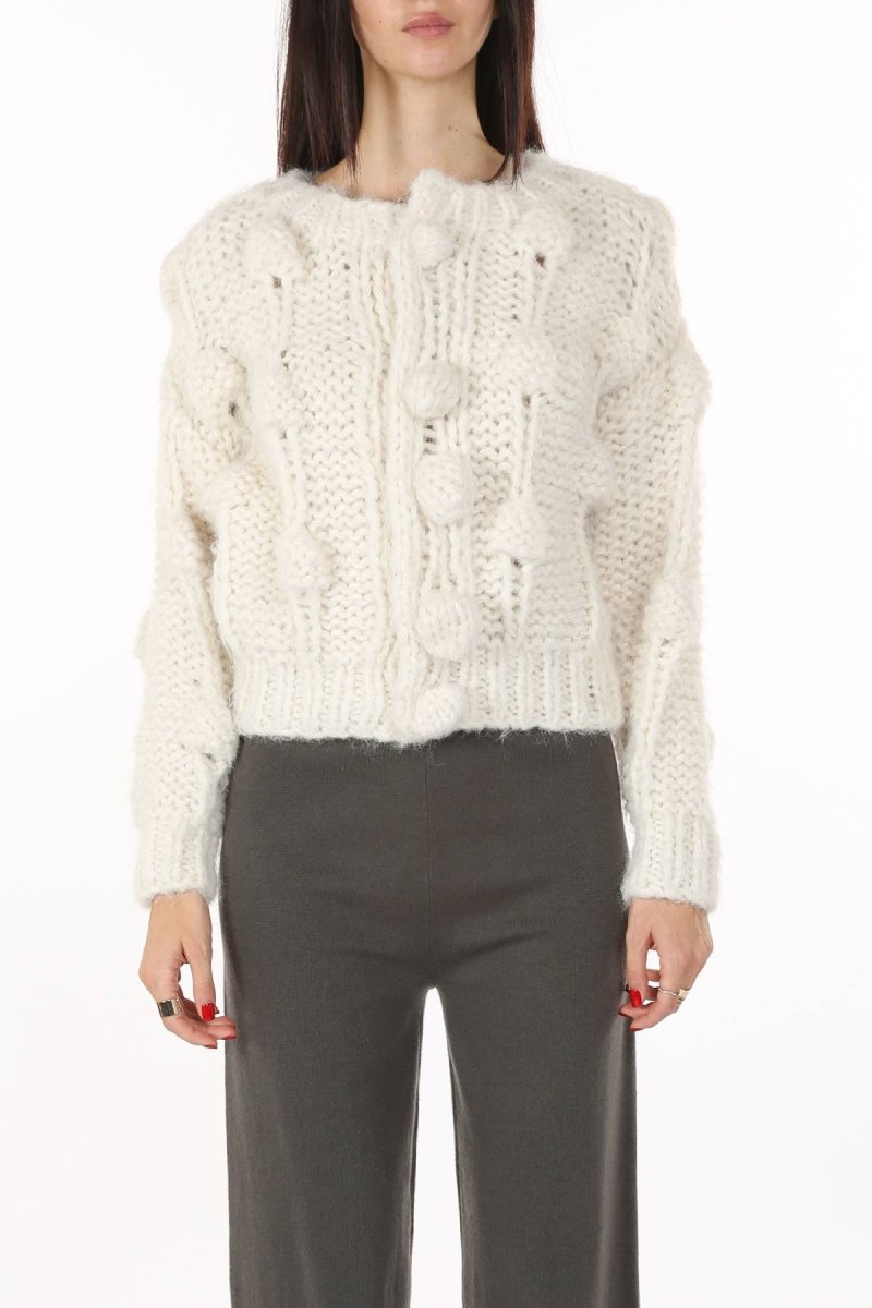 Pom Pom Cable Knit Cardigan | White - Cardigan - Beulah - The Grove