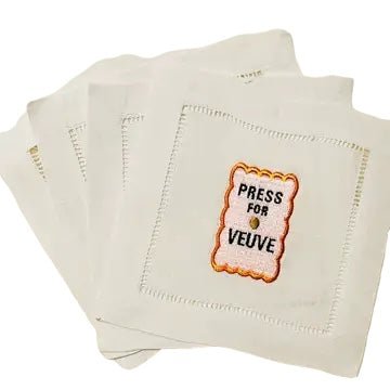 Press For Veuve Champagne Embroidered Cocktail Napkins-Cocktail Napkins-The Pink Bar Cart-The Grove