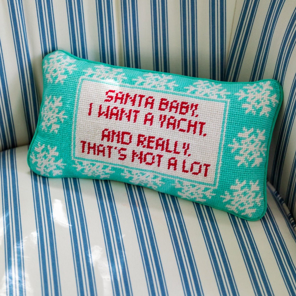 Santa I Want a Yacht Needlepoint Pillow - Throw Pillows - Furbish Studio - The Grove