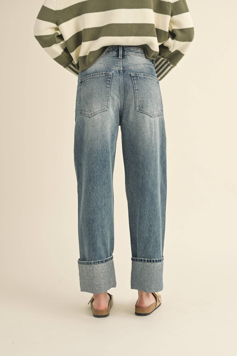 Straight Leg Cuffed Jeans | Distressed Wash - Jeans - MIOU MUSE - The Grove