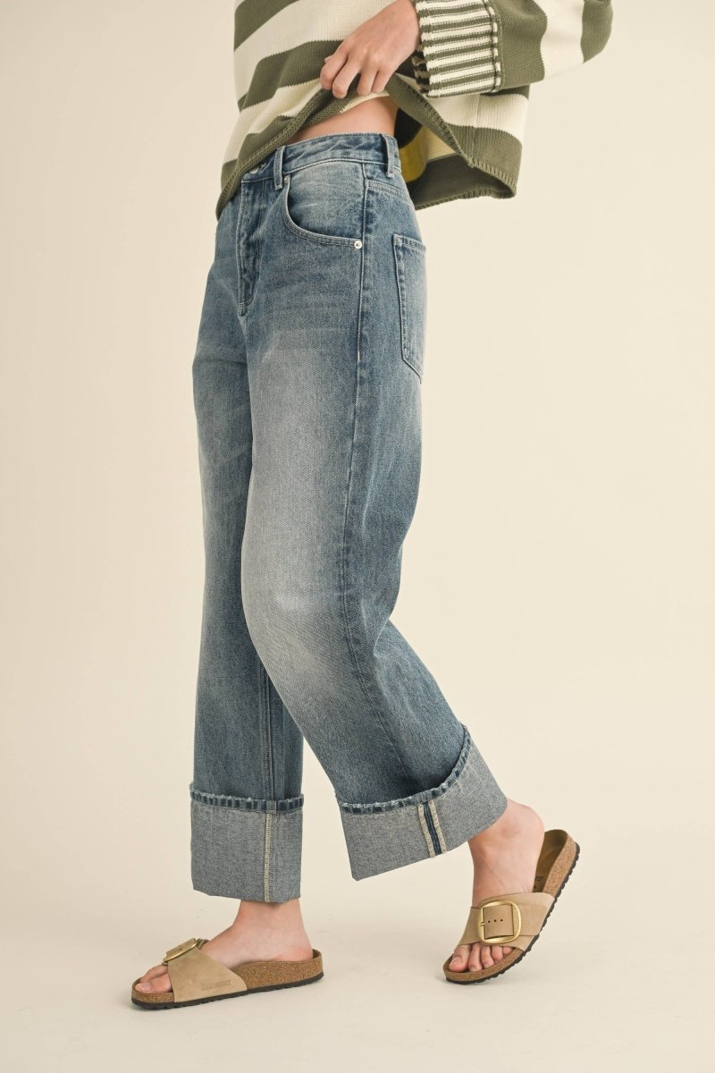 Straight Leg Cuffed Jeans | Distressed Wash - Jeans - MIOU MUSE - The Grove