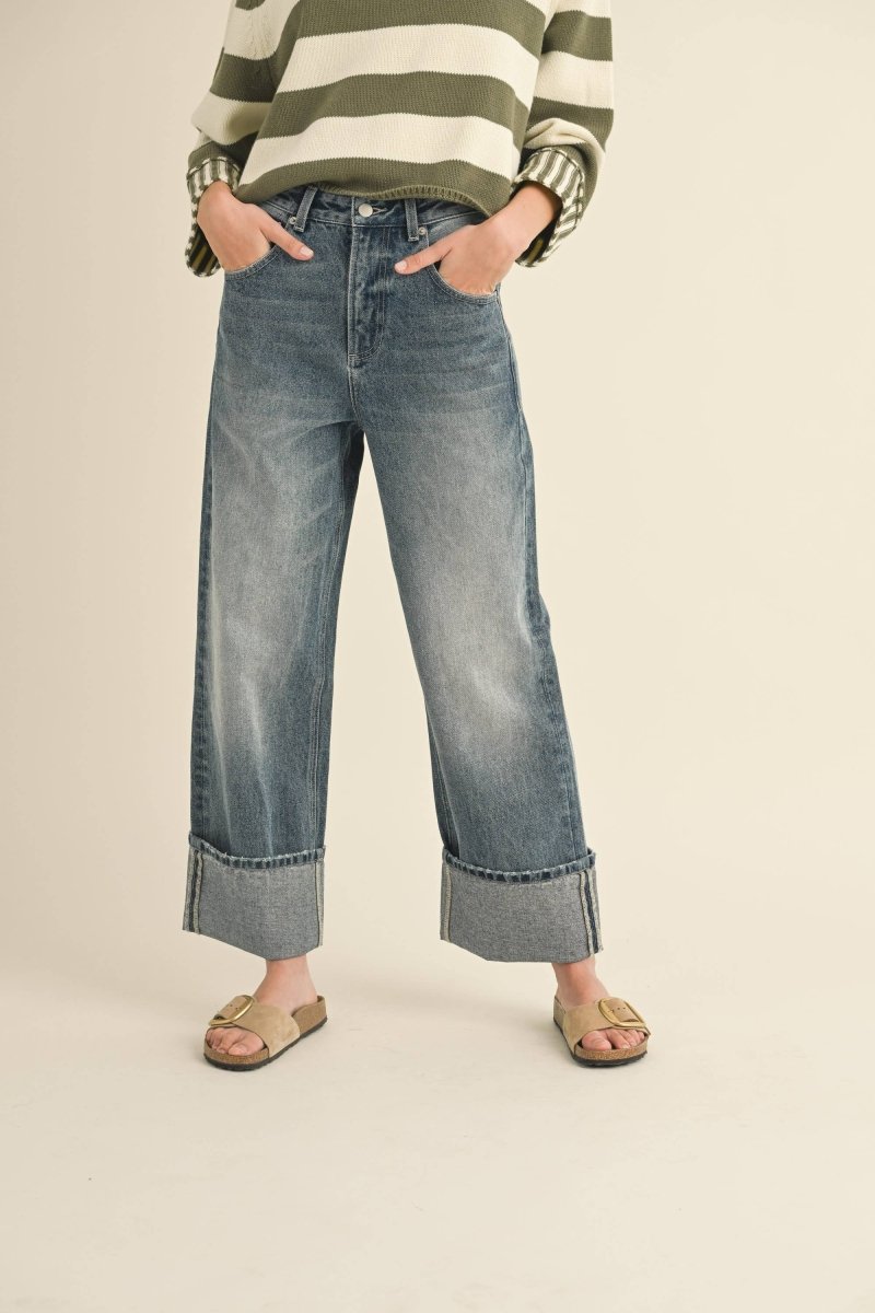 Straight Leg Cuffed Jeans | Distressed Wash - Jeans - MIOU MUSE - The Grove