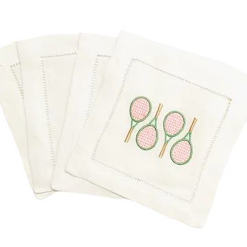 Tennis Rackets Embroidered Cocktail Napkins-Cocktail Napkins-The Pink Bar Cart-The Grove