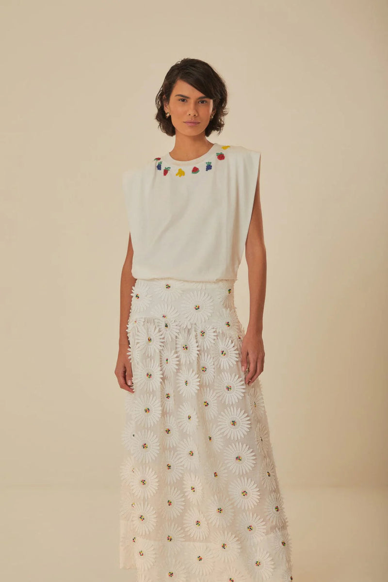 White Daisy 3D Flower Embroidered Maxi Skirt - Skirts - FARM Rio - The Grove