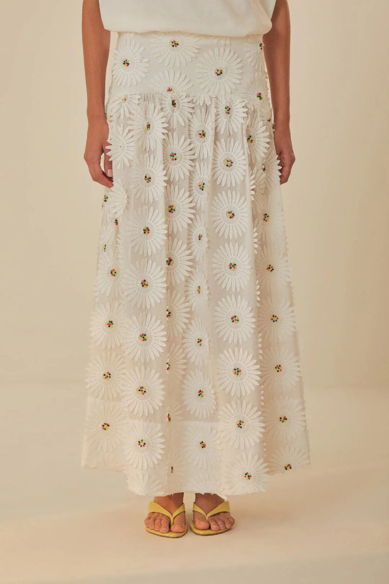 White Daisy 3D Flower Embroidered Maxi Skirt - Skirts - FARM Rio - The Grove