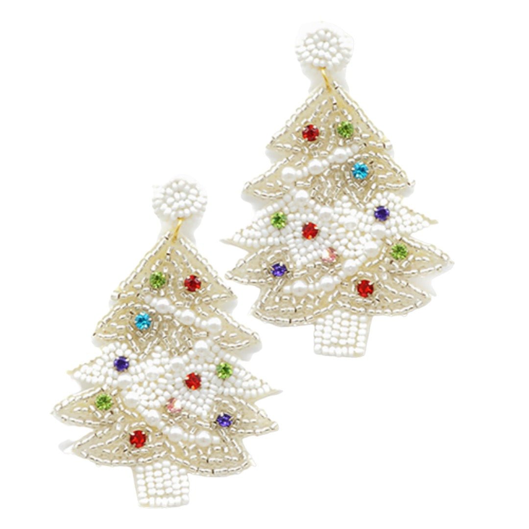 Beads and Pearls Christmas Tree Earrings | White-Earrings-Twist-The Grove