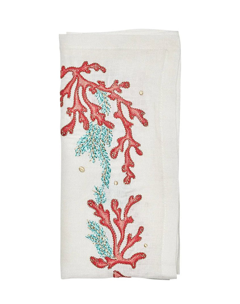 Coral Spray Napkin in White, Coral & Turquoise-Cloth Napkins-Clementine WP-The Grove