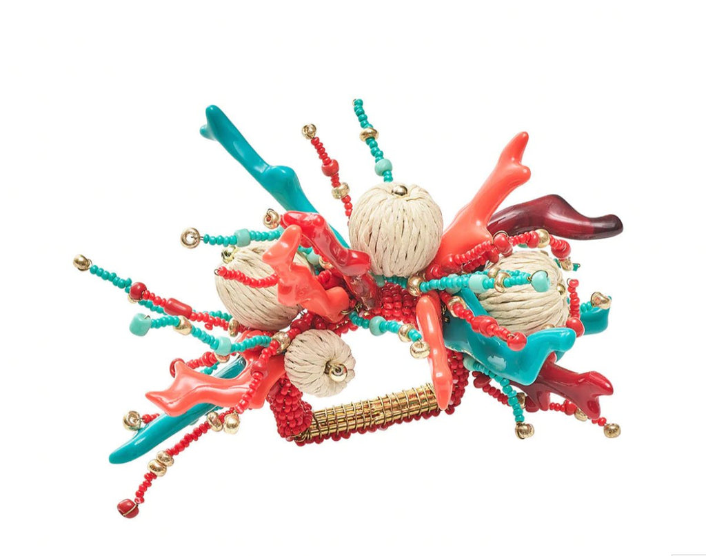 Coral Spray Napkin Ring in Natural, Coral & Turquoise-Napkin Rings-Clementine WP-The Grove