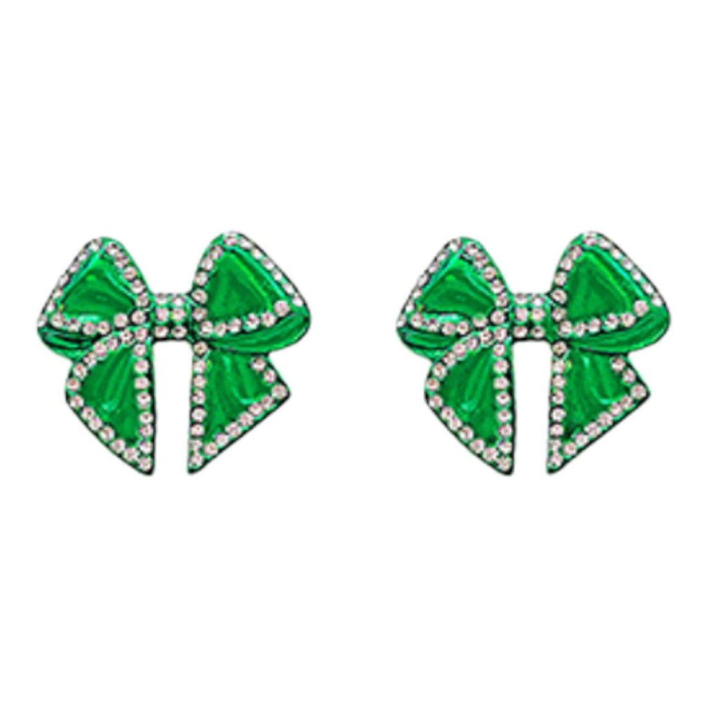Crystal Studded Green Bow Earrings-Earrings-Twist-The Grove