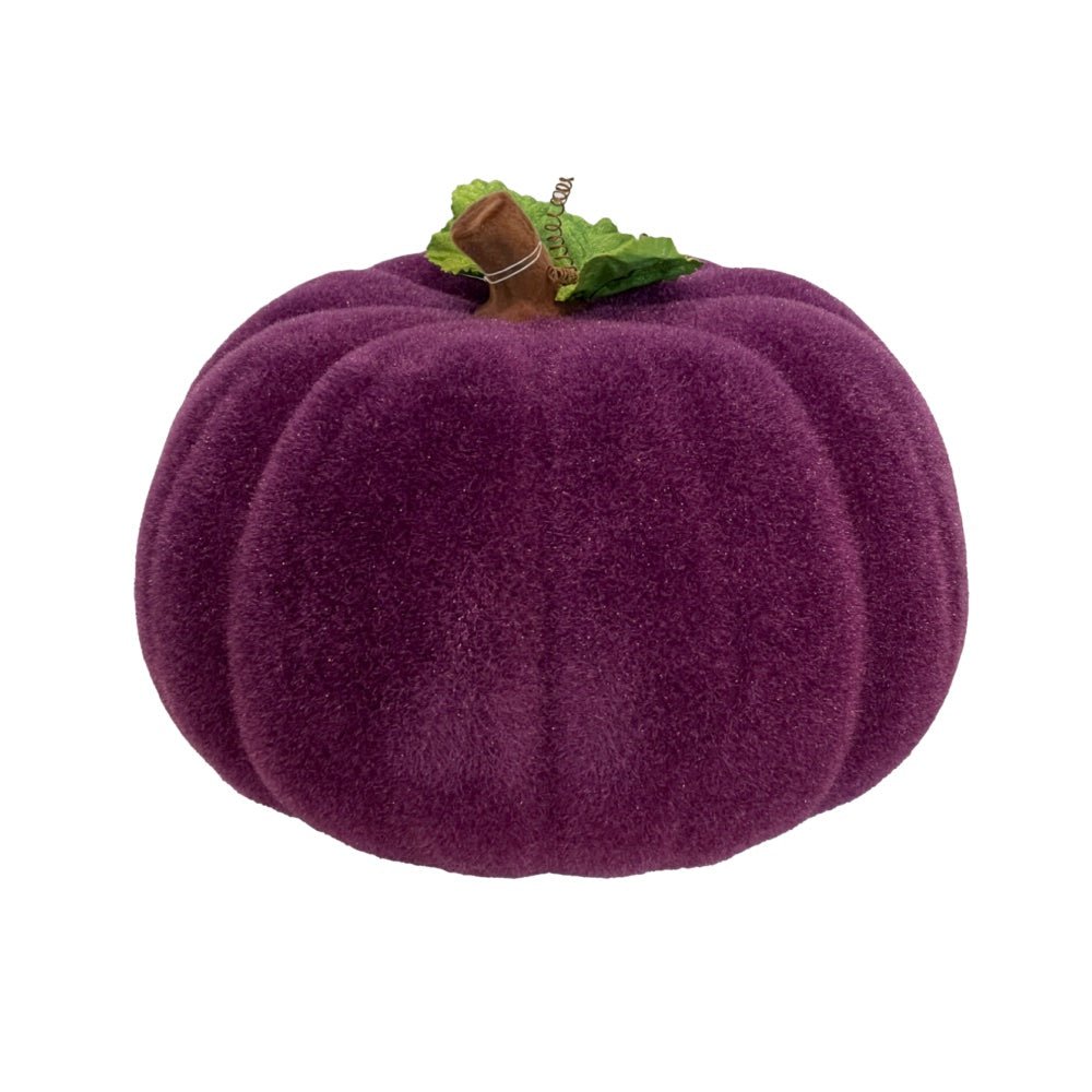 Flocked Pumpkin with Leaves-Decor-180 Degrees-The Grove