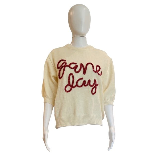 Game Day Short Sleeve Sweater | Ivory & Red-Shirts & Tops-Twist-The Grove