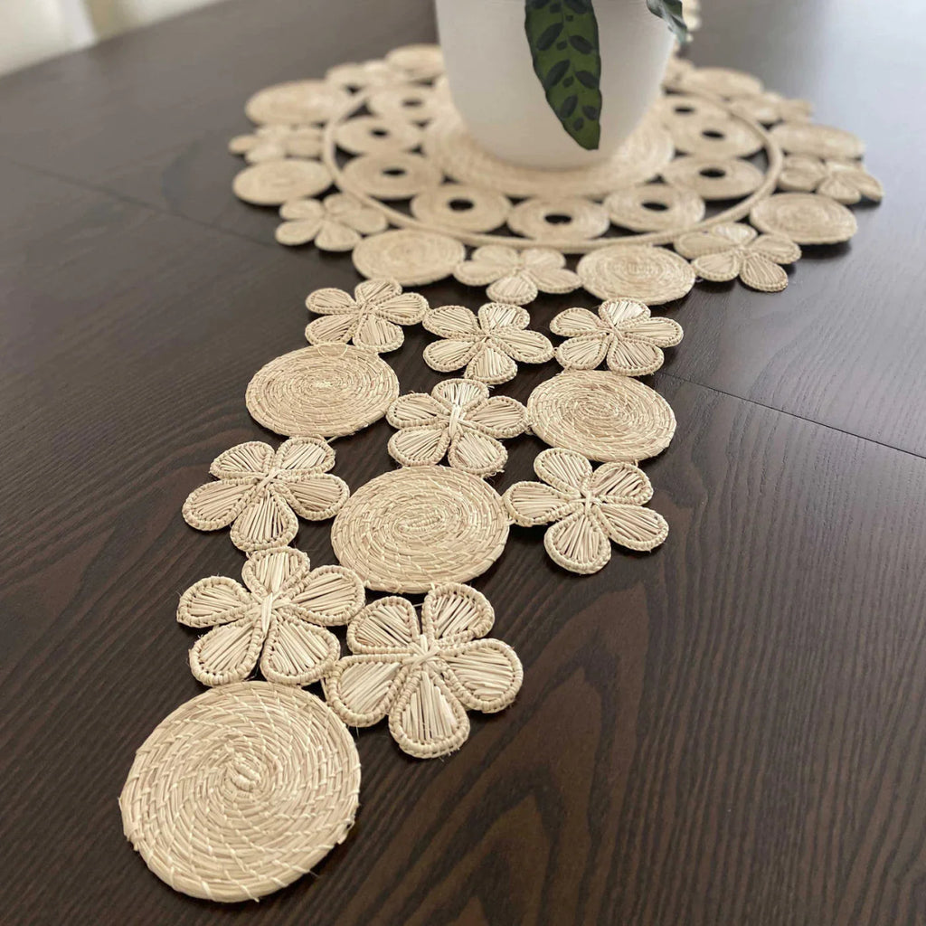 Iraca Hand-Woven Flower Table Runner| Natural-Table Runner-Clementine WP-The Grove