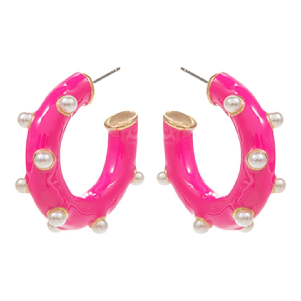 Pearl Studded Enamel Hoop Earrings | Fuchsia-Earrings-Twist-The Grove