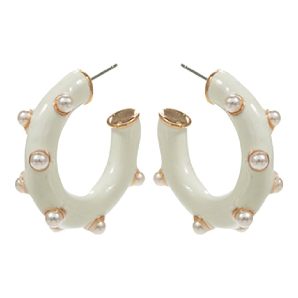 Pearl Studded Enamel Hoop Earrings | White-Earrings-Twist-The Grove