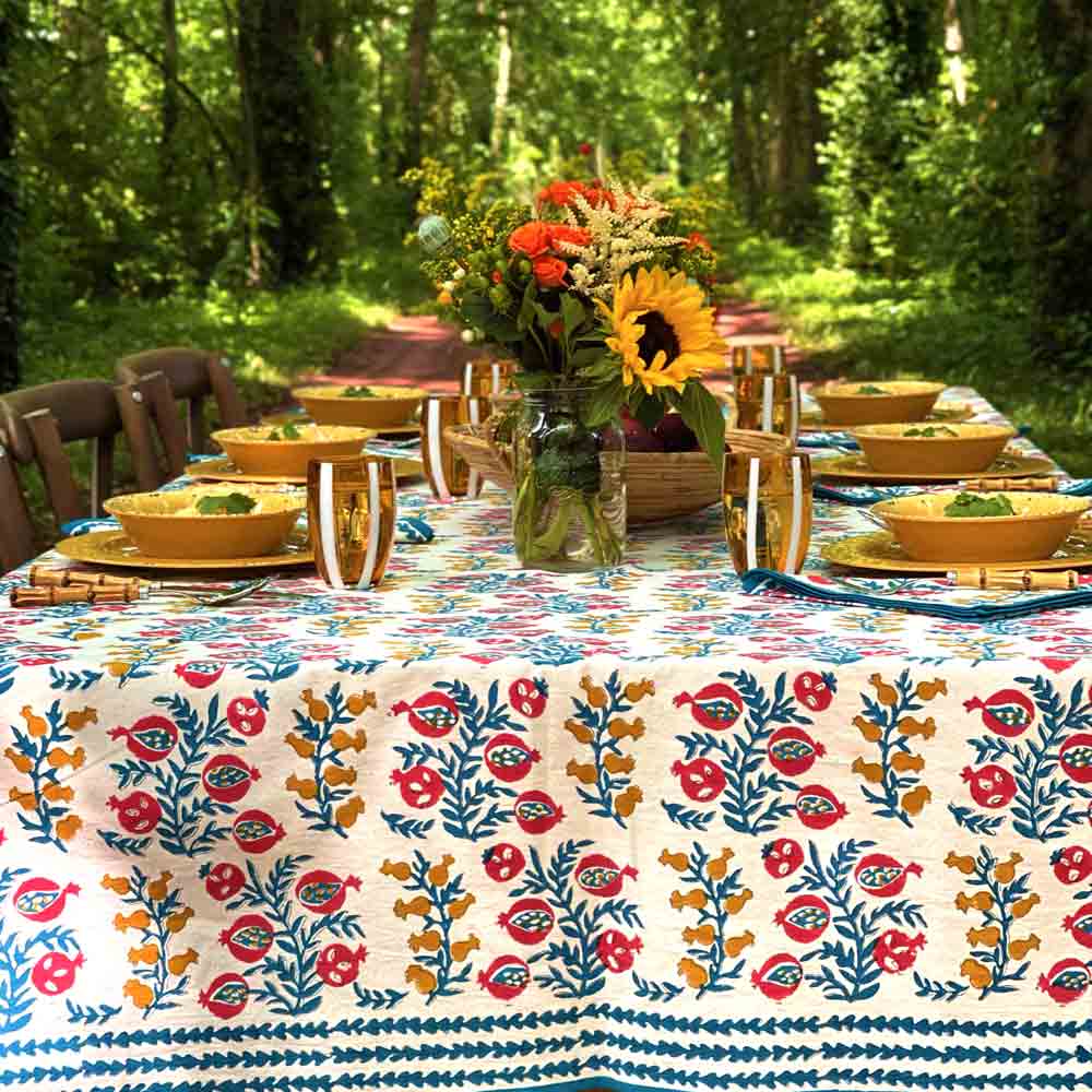 Pom Bells Brick & Teal Tablecloth-Tablecloths-Clementine WP-The Grove