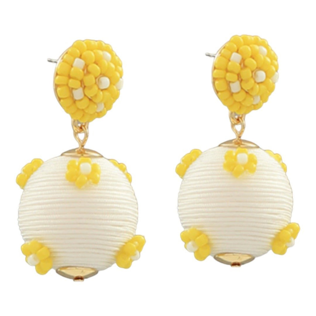 Seed Bead Flower & Ball Drop Earrings | White & Yellow-Earrings-Twist-The Grove