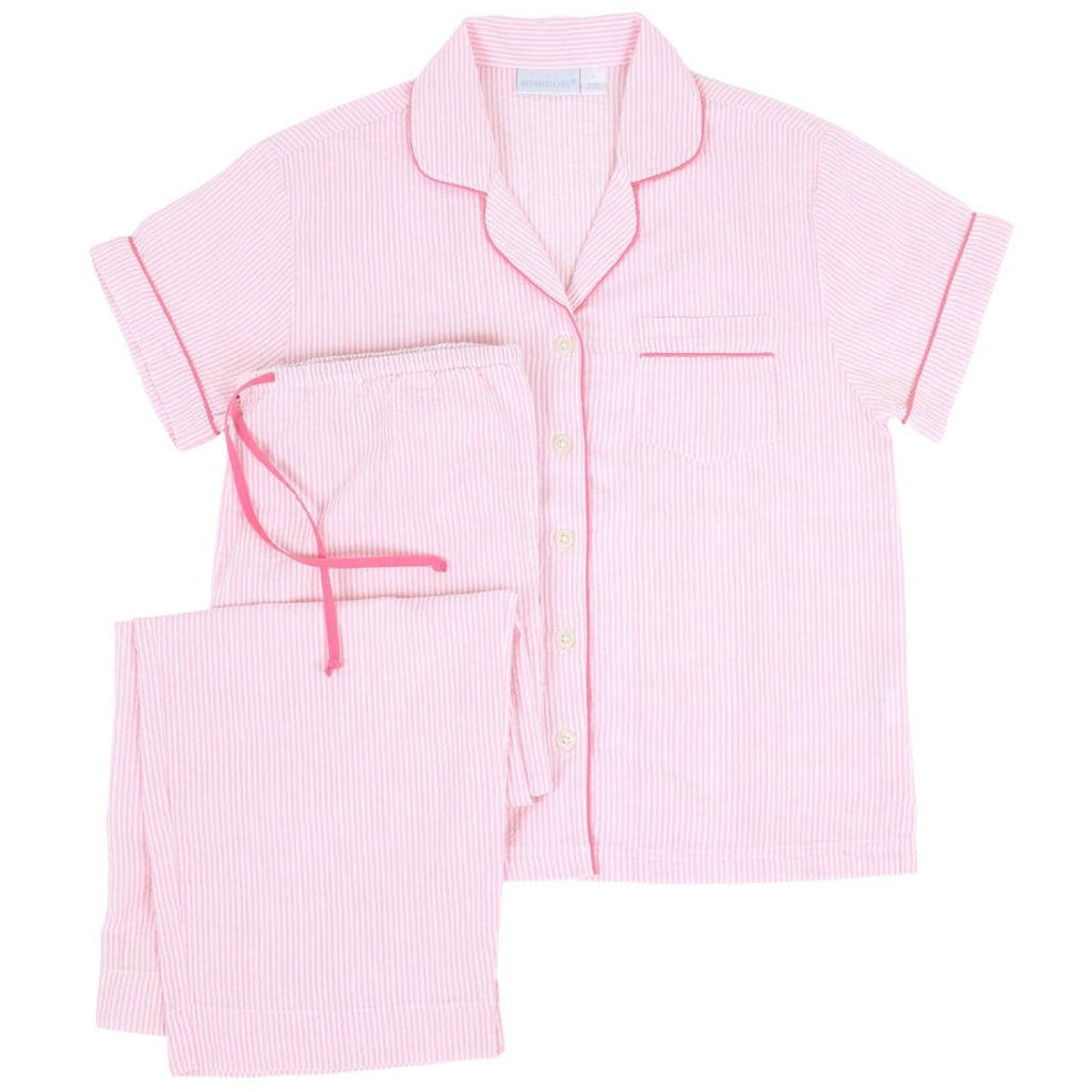 Short Sleeve Capri Pajamas | Pink Seersucker-Pajamas-Needham Lane-The Grove