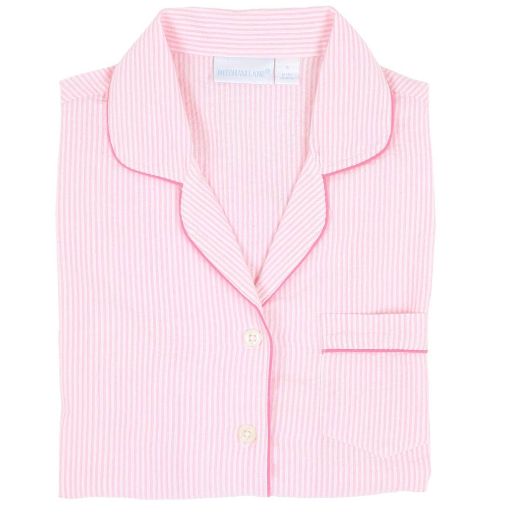 Short Sleeve Capri Pajamas | Pink Seersucker-Pajamas-Needham Lane-The Grove