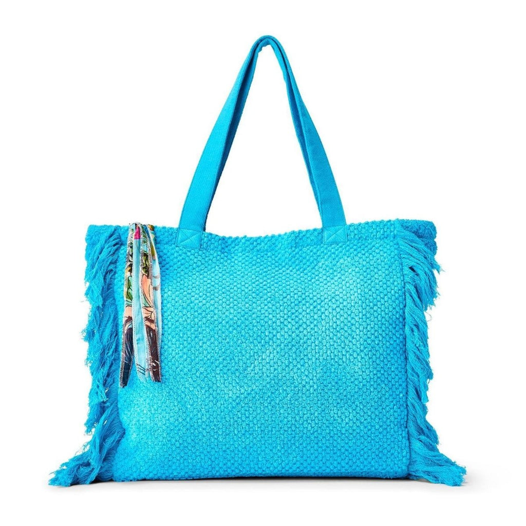 Terry Cloth Tote with Fringe Tassel Pull | Turquoise-Tote-Two's Company-The Grove