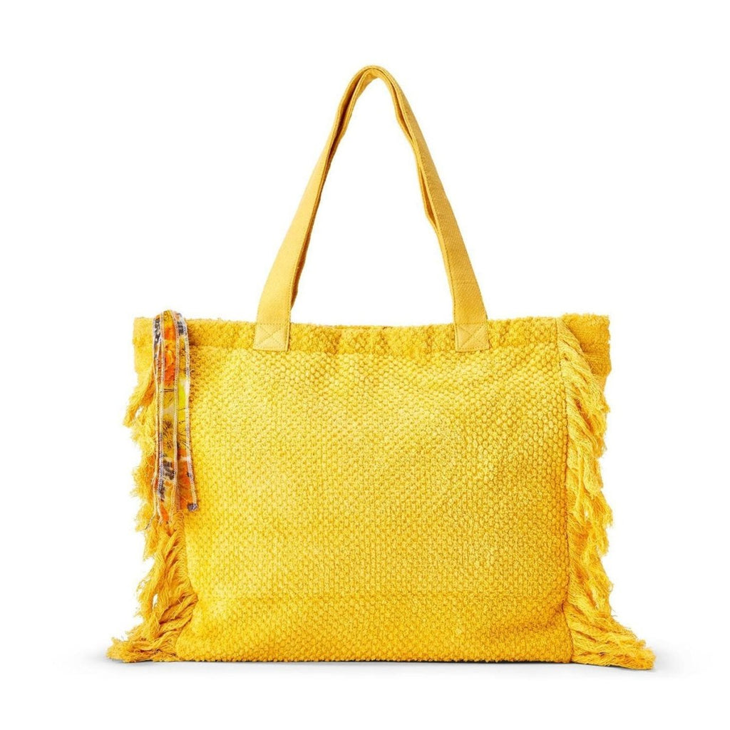 Terry Cloth Tote with Fringe Tassel Pull | Yellow-Tote-Two's Company-The Grove