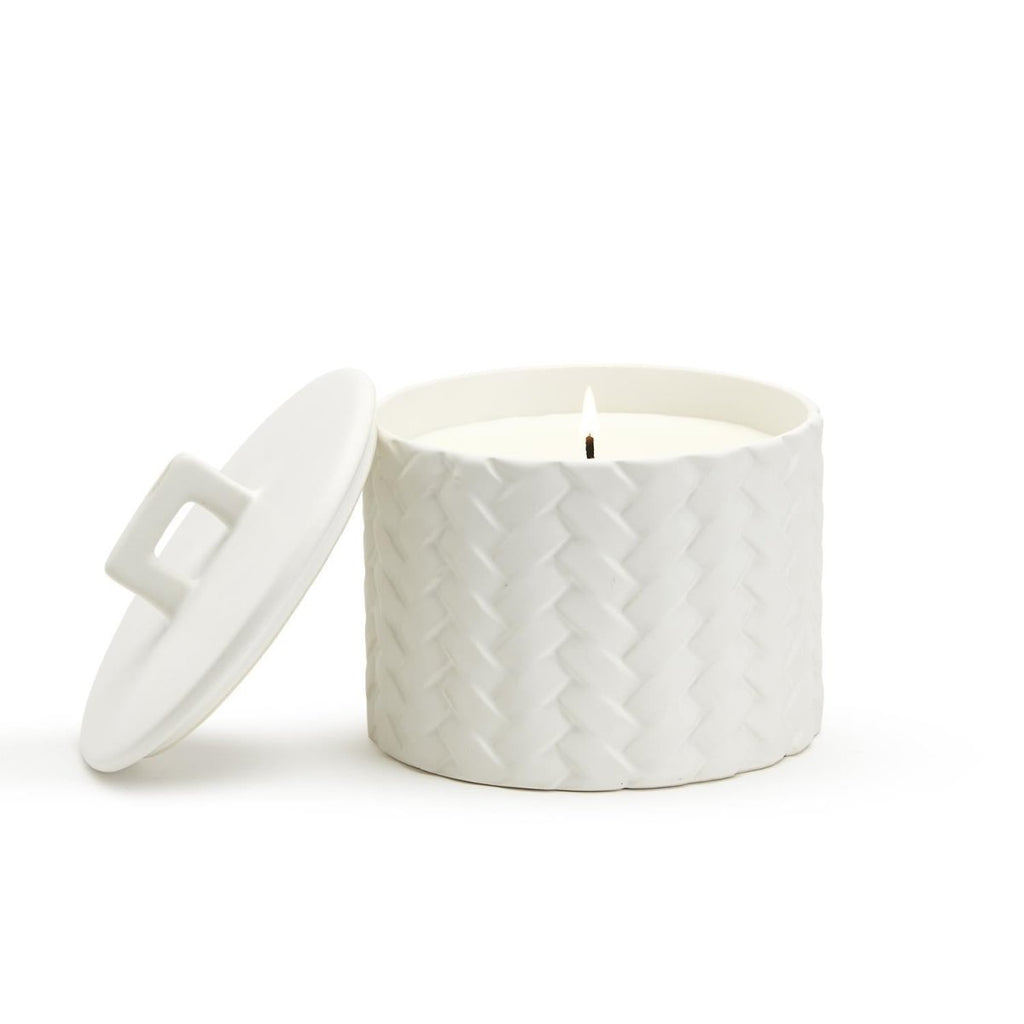 White Fig-Scented Basket Weave Ceramic Candle-Candles-Two's Company-The Grove